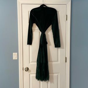 Dark Velvet Green Dress. Long Sleeve. Lace Details on Bottom.